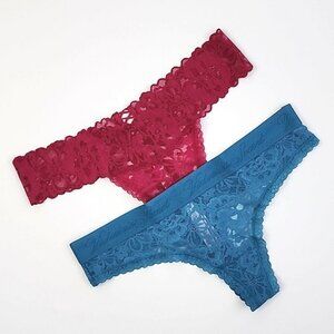 Victoria's Secret 2 Pairs Floral Lace Thong String Panties Red Pink Size M